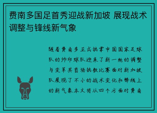 费南多国足首秀迎战新加坡 展现战术调整与锋线新气象 费南多国足首秀迎战新加坡 展现战术调整与锋线新气象